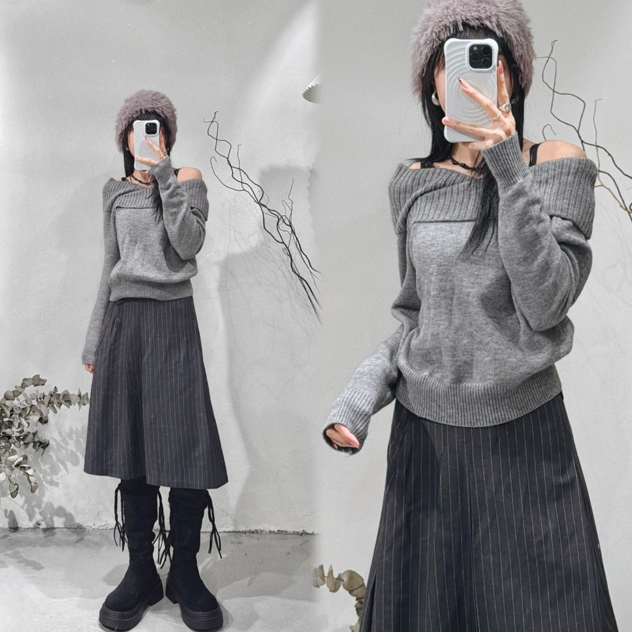 [ basic daily 款! 🪄] wrapped off shoulder top/ grey