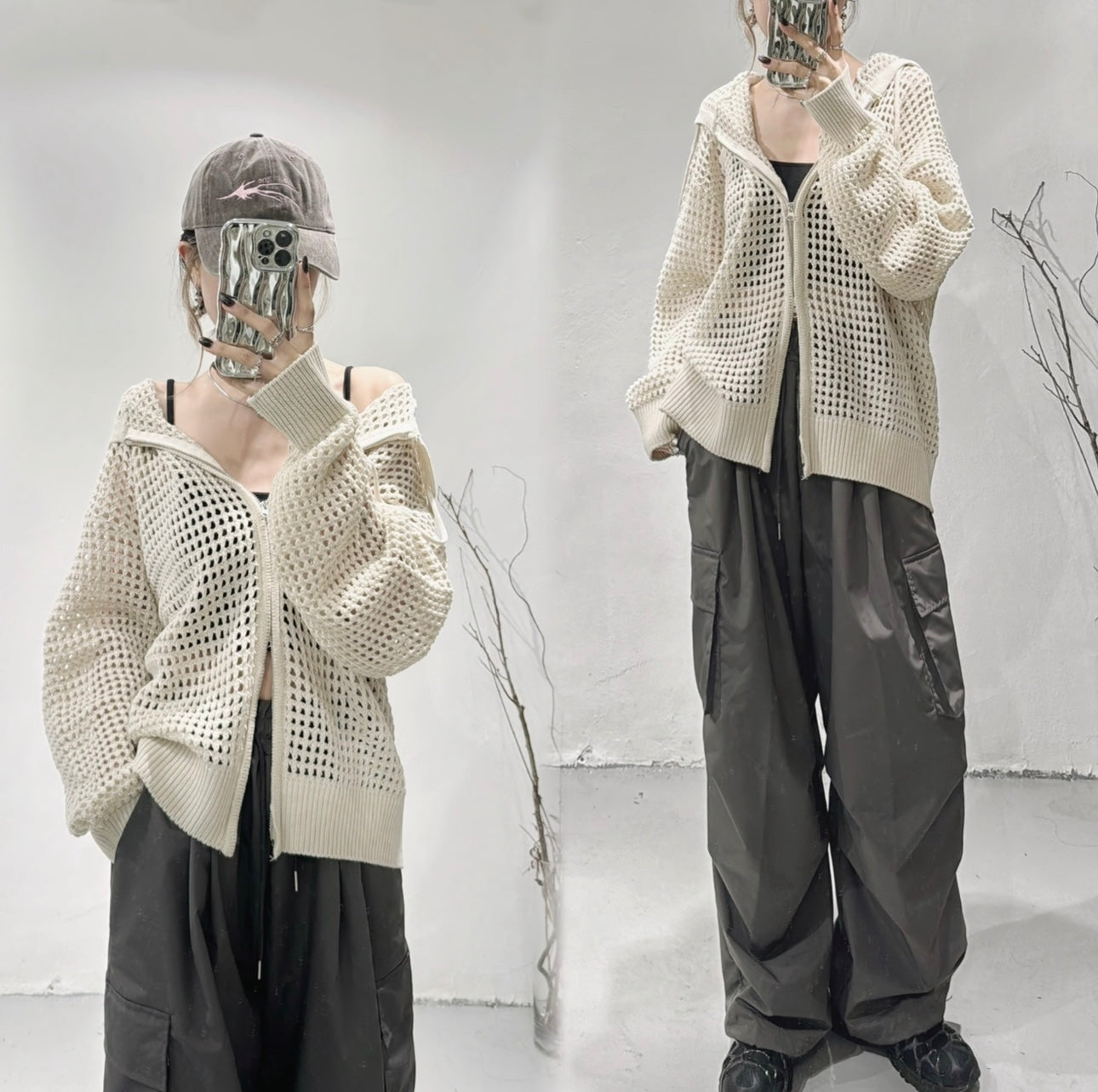 [DDD BOYS.] net hoodie zip-up/ ivory