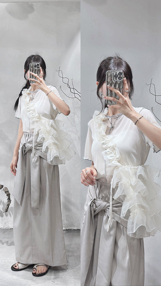 [ 48hrs 限定首批價！⋆˙⟡] Ruffle 邊邊明線撞色 tee / 4 colors