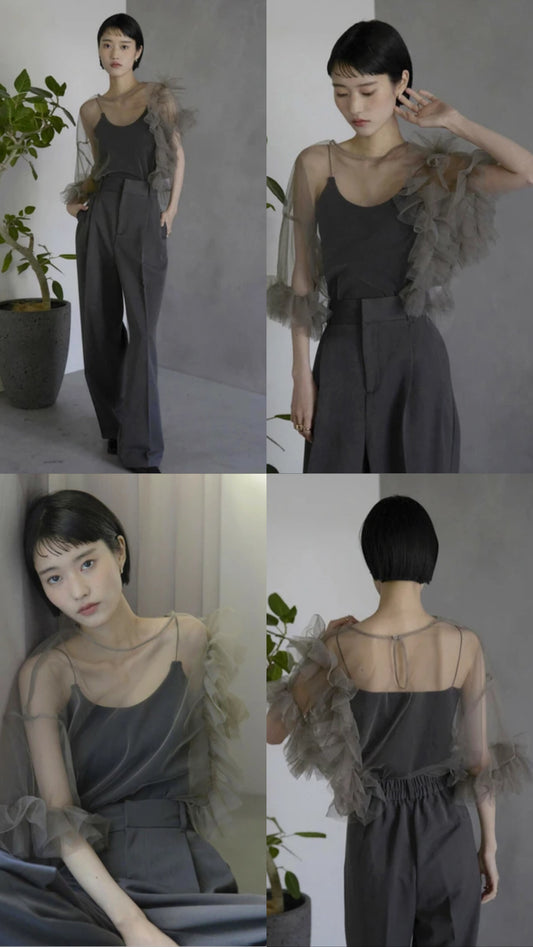 [ 現貨 / 預訂  ⋅˚₊‧ ] unbalanced frilled top / mocha