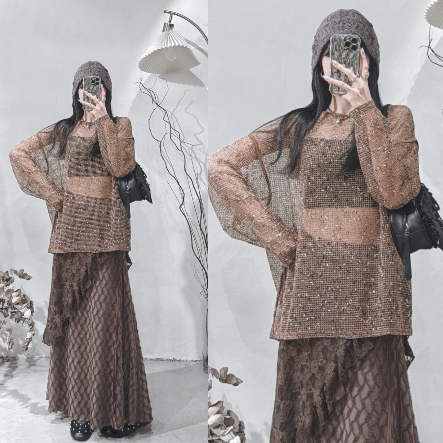 [ 現貨 𐙚˙✧] mixed-knit mesh top / brown