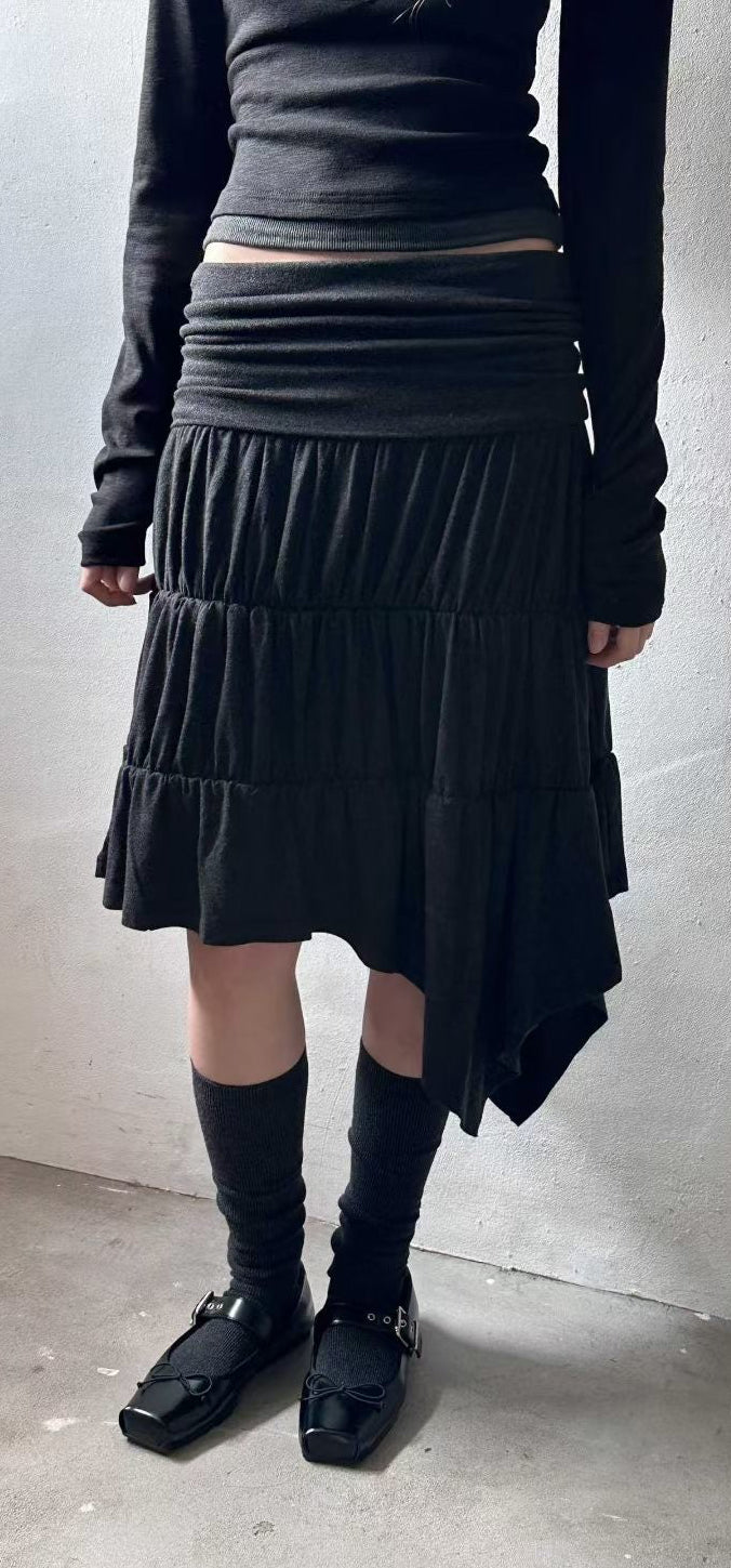 ［ 預訂 🐈‍⬛✨ ] Tiered Drape Midi Skirt / black