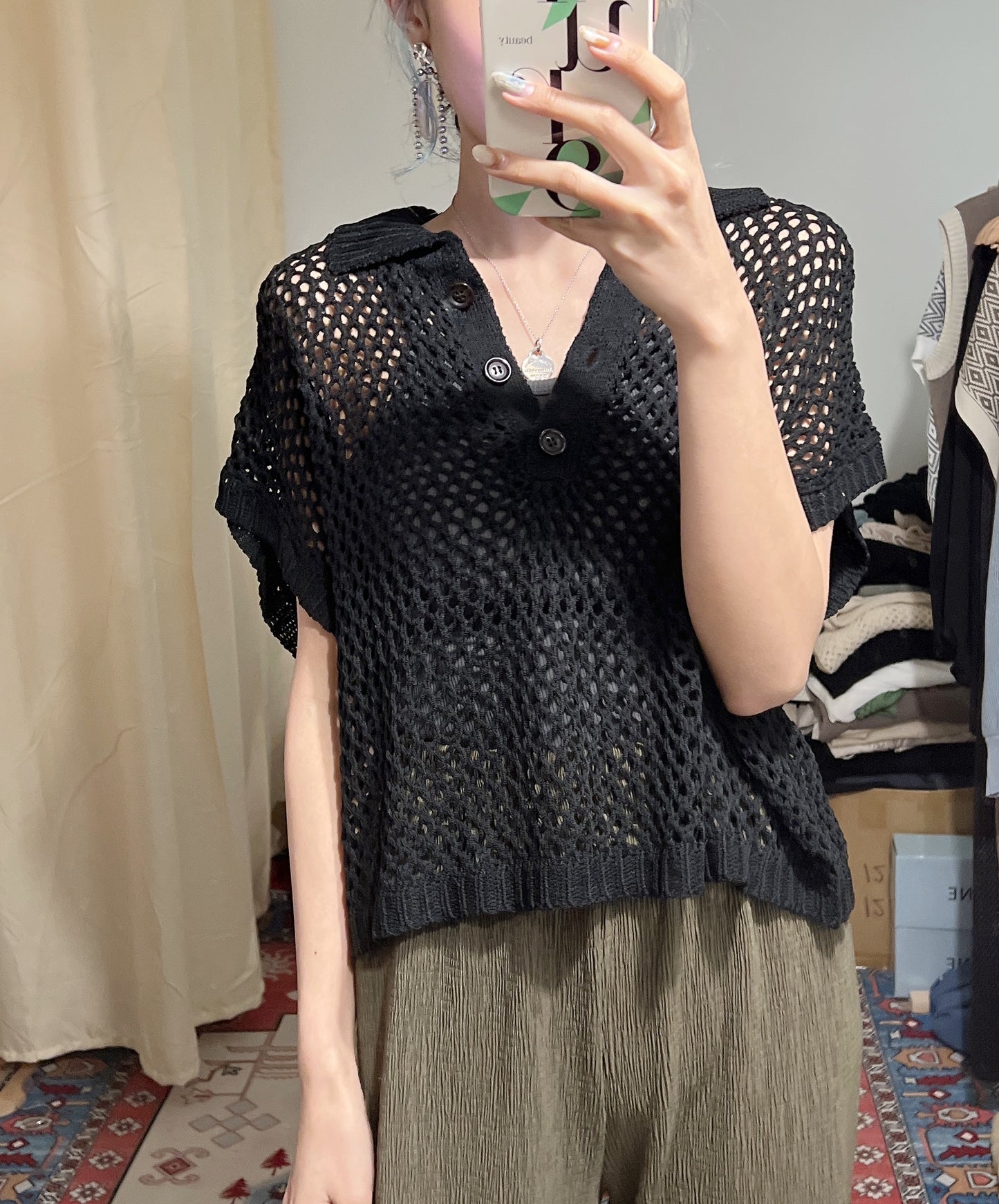 Mesh Knitted Polo Top
